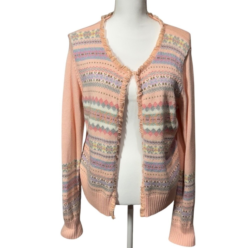 Crazy Horse Liz Claiborne XL Cardigan Vintage Sweater Ruffle Trim Multicolor